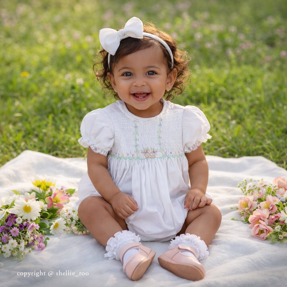 White Smocked Romper Bubble Spring Basket Embroidery Boutique 18 Months NWT